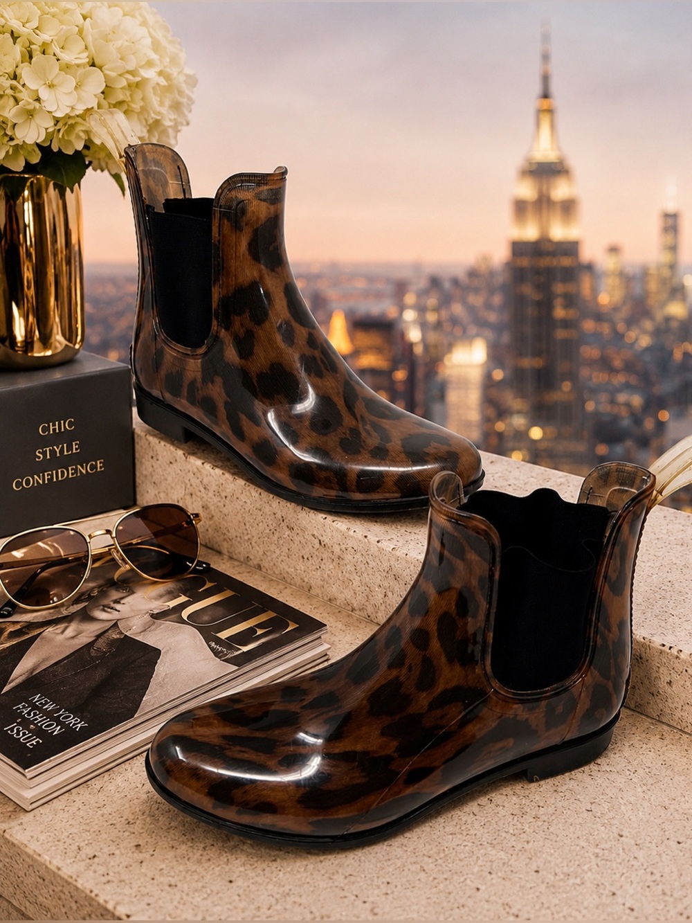 Cougar Storm Leopard Print Chelsea Rain Boots Womens Sz 8 Waterproof Glossy Chic